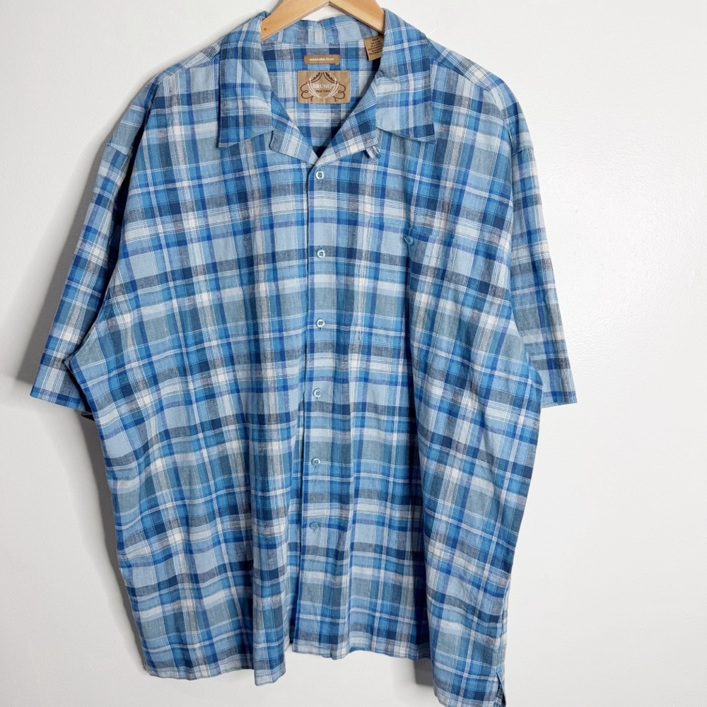 NWOT Bruno Men’s Linen‎ Cotton Blend Short Sleeves Blue Plaid Button Front 2XLB - Picture 2 of 8